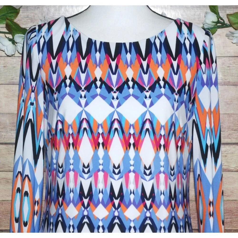 Vince Camuto Long Sleeve Geo Print Shift Dress Size 8 Office Career Bold Color